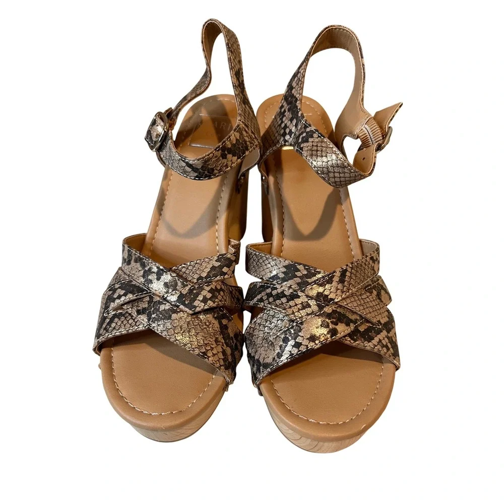 kaari blue‎ Women's Snake Print Platform Wedge Sandals Wood Heel; Ankle Strap